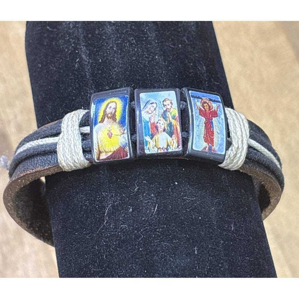 Christian Sacred Heart Jesus Holy Family Leather Bracelet Adjustable Religious